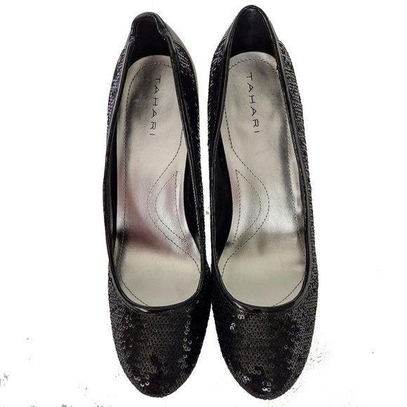 Tahari Black Sequined Platform High Heeled Pumps 8 1/2 8.5  M Patent Never Worn - Picture 2 of 8